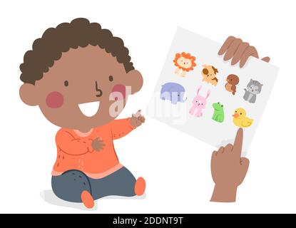 Illustration eines Kid Boy Kleinkind Lernen über Tiere mit Hände zeigen auf Papier mit Tieren Stockfoto