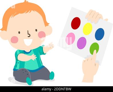 Illustration eines Kid Boy Kleinkind Farben lernen mit der Hand Zeigt auf Papier mit Farben Stockfoto