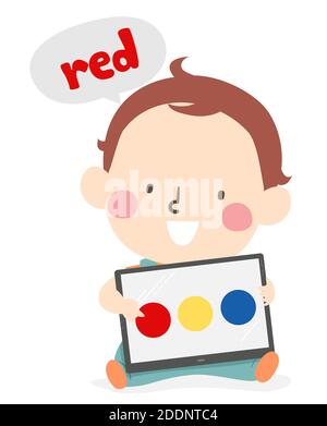 Illustration eines Kid Boy Kleinkind Saying the Color He Zeigt von einer Farb-App mit Tablet auf Stockfoto