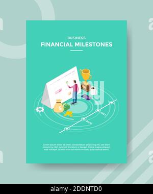 Business finanzielle Meilensteine Männer stehen auf Kalender um Trophäengeld Karte für Vorlage Flyer und Print Banner Cover Buch Bücher Moderner, flacher Stil Stock Vektor