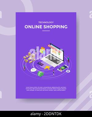 Technologie Online-Shopping Menschen stehen um Laptop-Shop für Vorlage Flyer und Druck Banner Cover Buch Bücher modernen flachen Stil Stock Vektor