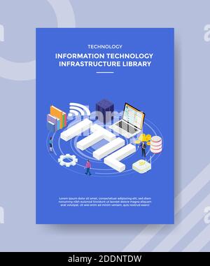 IT-Infrastruktur Bibliothek Menschen stehen um Text ITIL für Vorlage Flyer und Print Banner Cover Buch Bücher modern flach Stil Stock Vektor