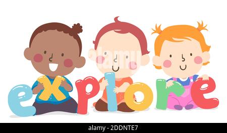 Illustration von Kids Holding Explore Schriftzug Stockfoto