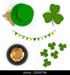 Eine Reihe von Symbolen für St. Patrick's Tag. Das Set enthält: Grüner Hut auf Münzen, Fahnen, Kleeblätter, einen Topf mit Münzen. 3D-Visualisierung Draufsicht Stockfoto