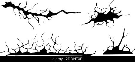 Bodenrisse gesetzt. Erdbeben und Bodenrisse, Lochwirkung, Craquelure und beschädigte Wandstruktur. Vektor-Illustrationen Erdbeben, Absturz, Zerstörung Stock Vektor