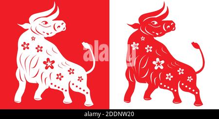 Ochse, chinesisches Sternzeichen des neuen Jahres 2021. Set besteht aus Stieren in verschiedenen Stilen. Weiße und rote Silhouette. Stock Vektor