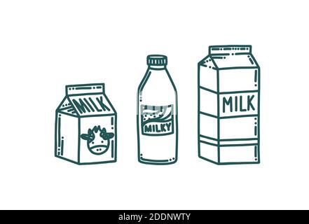 Milchpackungen im Doodle-Stil. Milchflasche und Kästen isoliert auf weißem Hintergrund. Doodle Vektorgrafik Stock Vektor