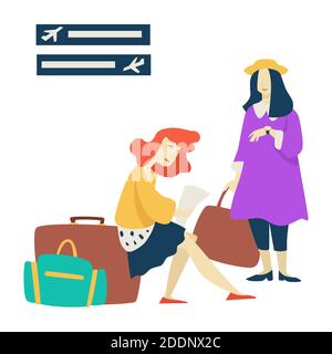 Wartezimmer, Flughafenfrauen mit Verspätung bei Gepäckflügen Stock Vektor