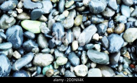 Kleine nasse Steine an einem typisch neuseeländischen Strand Stockfoto