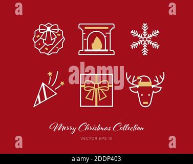 Schöne Weihnachten Umriss flach Symbol Set von 6 Designs auf Roter Hintergrund Stock Vektor