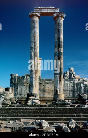 Säulen und Kapitale des zerstörten Apollon-Tempels oder des Apollon-Tempels in der antiken Stadt Didyma, Didim Türkei Stockfoto