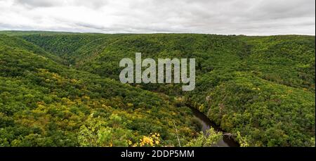 Tiefes Flusstal mit Hügeln bedeckt von frühen Herbst Laub Forest - Blick von Sealsfielduv kamen im Podyji Nationalpark In der Nähe Znojmo Stadt in der Tschechischen Stockfoto