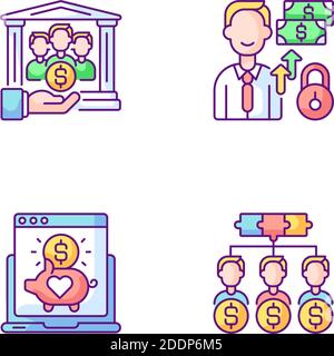 Organisation Crowdfunding RGB-Farbsymbole gesetzt Stock Vektor