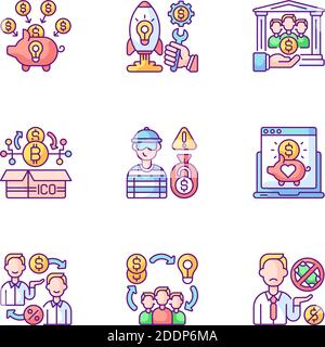 Crowdfunding-Typen RGB-Farbsymbole gesetzt Stock Vektor