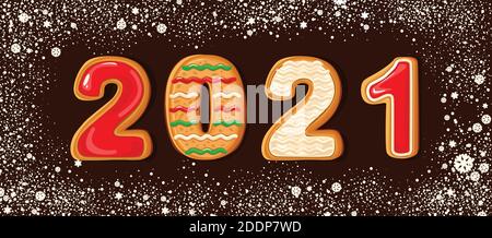 Lebkuchen Hintergrund. Zahlen des Jahres 2021. Schneebedeckter Hintergrund. Perfekt für Weihnachtsbanner, Grußkarten und Präsentationen. Vektorgrafik Stock Vektor
