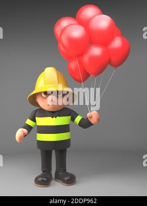 Cartoon 3d Feuerwehrmann in hoher Sichtbarkeit Kleidung hält einige Partei roten Ballons, 3d-Illustration Stockfoto