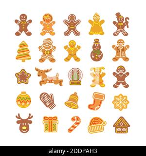Weihnachts Lebkuchen-Kekse Sammlung. Einfache flache Vektor-Icons von gebackenen Lebkuchen Männer, Mädchen, Weihnachtsmann, Hirsch, Schneeflocke, Schneemann, Geschenk, mit Stock Vektor