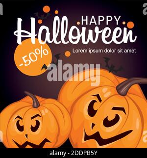 Halloween Banner Vorlage mit Kürbissen, Rabatten und Schriftzug. Vektorgrafik. Stock Vektor