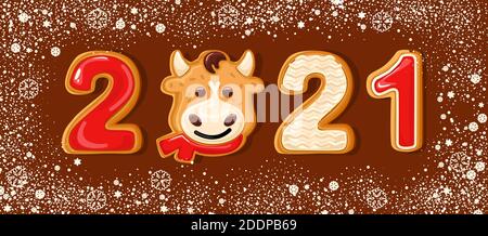 Lebkuchen Hintergrund. Zahlen des Jahres 2021. Schneebedeckter Hintergrund. Perfekt für Weihnachtsbanner, Grußkarten und Präsentationen. Vektorgrafik Stock Vektor