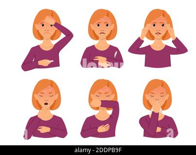 Symptome der Krankheit, covid-19. Coronavirus-Warnung. Frau mit gefährlichen Krankheitssymptomen. Husten, Fieber, laufende Nase. Satz isolierter Vektorillust Stock Vektor