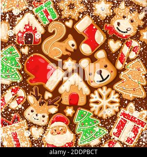 Lebkuchen Hintergrund. Schneebedeckter Hintergrund. Lebkuchen-Set. Perfekt für Weihnachtsbanner, Grußkarten und Präsentationen. Vektorgrafik. Stock Vektor