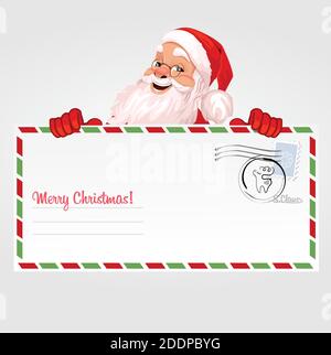 Der fröhliche Weihnachtsmann steckt hinter einem großen Brief, einem Schild, einem Werbebanner. Vektorgrafiken Stock Vektor
