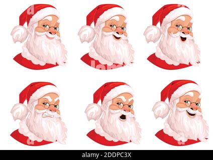 Santa Clays Set, ein Set von 6 dieser Santa Emotionen. Auf weißem Hintergrund. Böse, gütig, ewig Stock Vektor