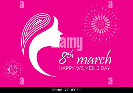 Happy Women Day Urlaub Illustration. Papier geschnitten Mädchen Kopf Silhouette Ausschnitt mit Hand gezeichneten Frühling und Blume Kritzeleien. Horizontales Format Design ideal Stock Vektor