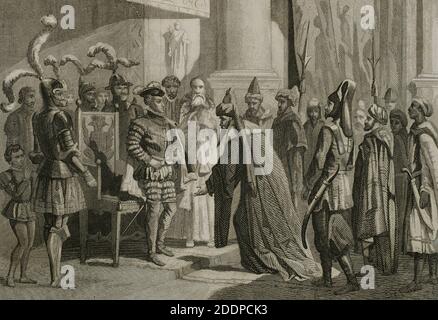 El Bey de Túnez ante el emperador Carlos V en la ciudad de Barcelona,1519. Durante la entrevista el Bey le pidió al emperador el favor y el apoyo contra Jeireddin Barbarroja, que le había desposeido de sus estados. Carlos V le prometió su ayuda, dando orden a Hugo de Moncada para que con una flota se hiciese a la mar con objeto de reponer en sus estados al destronado rey. Ilustración por Urrabieta. Grabado für J. Nicolau. Historia de Cataluña y de la Corona de Aragón, Victor Balaguer. Barcelona, 1863. Stockfoto