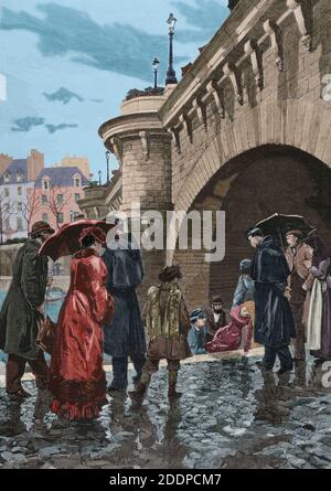 Francia. París. Extracción del Cadáver de una joven suicida, bajo las arcadas del'Pont Neuf'. Dibujo del Natural Por Pellicer. Grabado por Rico. La Ilustración Española y Americana, 22. April 1881. Coloreado. Stockfoto