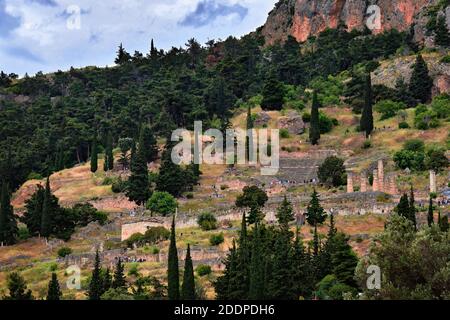 Blick auf den berühmten antiken griechischen Komplex - Delphi orakel. Ruinen des Tempels von Apollo und Theater. Touristen hetzen auf und ab auf Wegen zwischen Kiefern und Zedern Stockfoto