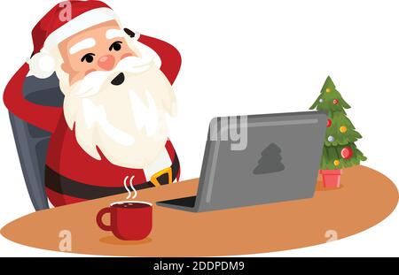 Santa Claus sitzt auf einer Tasche mit einem Laptop, macht Online-Bestellungen für Geschenke. Stock Vektor