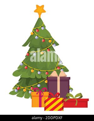 Weihnachten, Neujahr, geschmückter Weihnachtsbaum, Weihnachtsmann schmückt den Weihnachtsbaum mit einem Bündel von Geschenken. Der Urlaub kommt. Stock Vektor