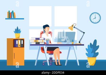 Geschäftsfrau, die am Computer am Schreibtisch im Büro arbeitet Stock Vektor