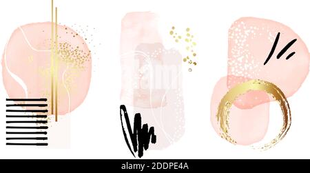 Aquarell abstrakte Malerei Hintergrund. Roségold Tinte, Pastell rosa shpes Rahmen Boho rustikale Dekoration. Rauer Flüssigkeitskreis mit digitalem Folienspritzen Stock Vektor