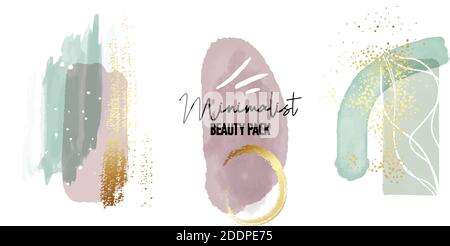 Abstrakt Aquarell Gold violett mint grün geometrische minimalistische Formen. Vektor Pastell Striche, Folie Textur, zarten Hintergrund. Boho-Ästhetik Stock Vektor