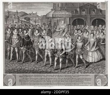Prozession von Königin Elisabeth I. von England (1533-1603) und ihrem Hof, Stich von George Vertue, 1742