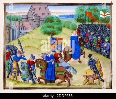 Der Tod von Wat Tyler (circa 1320/43-1381) am 15. Juni 1381 mit König Richard II. Von England, beleuchtetes Manuskript aus dem 15. Jahrhundert von Jean Froissart, 1483 Stockfoto