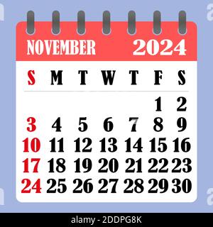 Briefkalender für November 2024. Die Woche beginnt am Sonntag. Zeit-, Planungs- und Terminkonzept. Flaches Design. Abnehmbarer Kalender für den Monat. Vect Stock Vektor