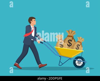 Geschäftsmann schieben Wagen mit Geldbeutel. Stock Vektor