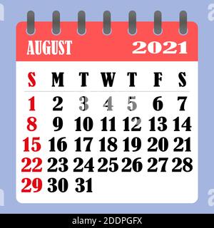 Briefkalender für August 2021. Die Woche beginnt am Sonntag. Zeit-, Planungs- und Terminkonzept. Flaches Design. Abnehmbarer Kalender für den Monat. Vektor Stock Vektor