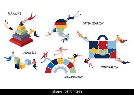 Geschäftskonzept für Unternehmensstrategie, Optimierung, Integration, Analyse, Planung und Management. Team lerks Verbindung Puzzle und Diagramm, Gr Stock Vektor