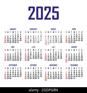 Kalender 2025. Die Woche beginnt am Sonntag. Einfache Kalendervorlage. Hochformat mit vertikaler Ausrichtung. Jährliche Organisation von Schreibwaren. Vektorgrafik Stock Vektor