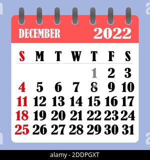 Briefkalender für Dezember 2022. Die Woche beginnt am Sonntag. Zeit-, Planungs- und Terminkonzept. Flaches Design. Abnehmbarer Kalender für den Monat. Vect Stock Vektor