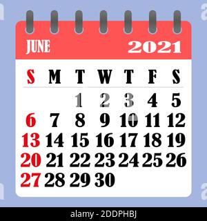 Briefkalender für Juni 2021. Die Woche beginnt am Sonntag. Zeit-, Planungs- und Terminkonzept. Flaches Design. Abnehmbarer Kalender für den Monat. Vektor i Stock Vektor