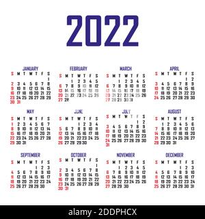 Kalender 2022. Die Woche beginnt am Sonntag. Einfache Kalendervorlage. Hochformat mit vertikaler Ausrichtung. Jährliche Organisation von Schreibwaren. Vektorgrafik Stock Vektor