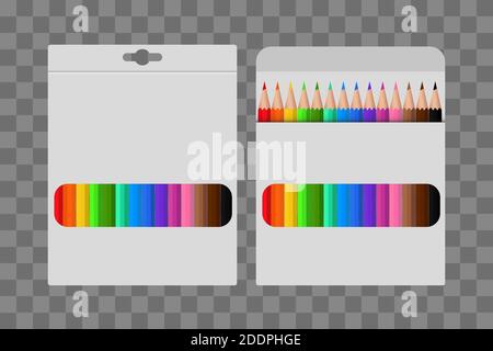 Farbstift in einer weißen Packung. Vorlagendesign, Clipart oder Layout für Grafiken. Themen der Kinder- und Schulbildung. Regenbogenstifte in einem Stock Vektor