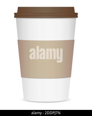 Layout einer realistischen Kaffeetasse mit braunem Deckel und Getränkehalter. Vorderansicht. Isoliert auf weißem Hintergrund. Vektorgrafik Stock Vektor