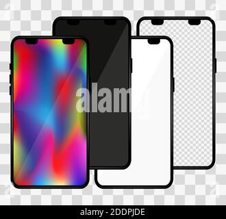 Realistische Handy-Mockup. Set von modernen Telefonen mit leerem, farbigem, schwarzem und transparentem Display. Smartphone Mockup Design vorne. Präsentation und inf Stock Vektor