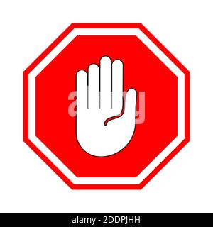 Stoppschild. Rotes Verbotszeichen mit menschlicher Hand in Form eines Achtecks. Stoppen Sie die Geste mit Ihrer Hand, nicht betreten, es ist gefährlich. Es gibt n Stock Vektor